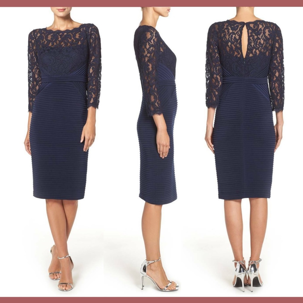 NWT Adrianna Papell Lace & Jersey Sheath Dress‎ Midnight Blue [SZ 4 ]